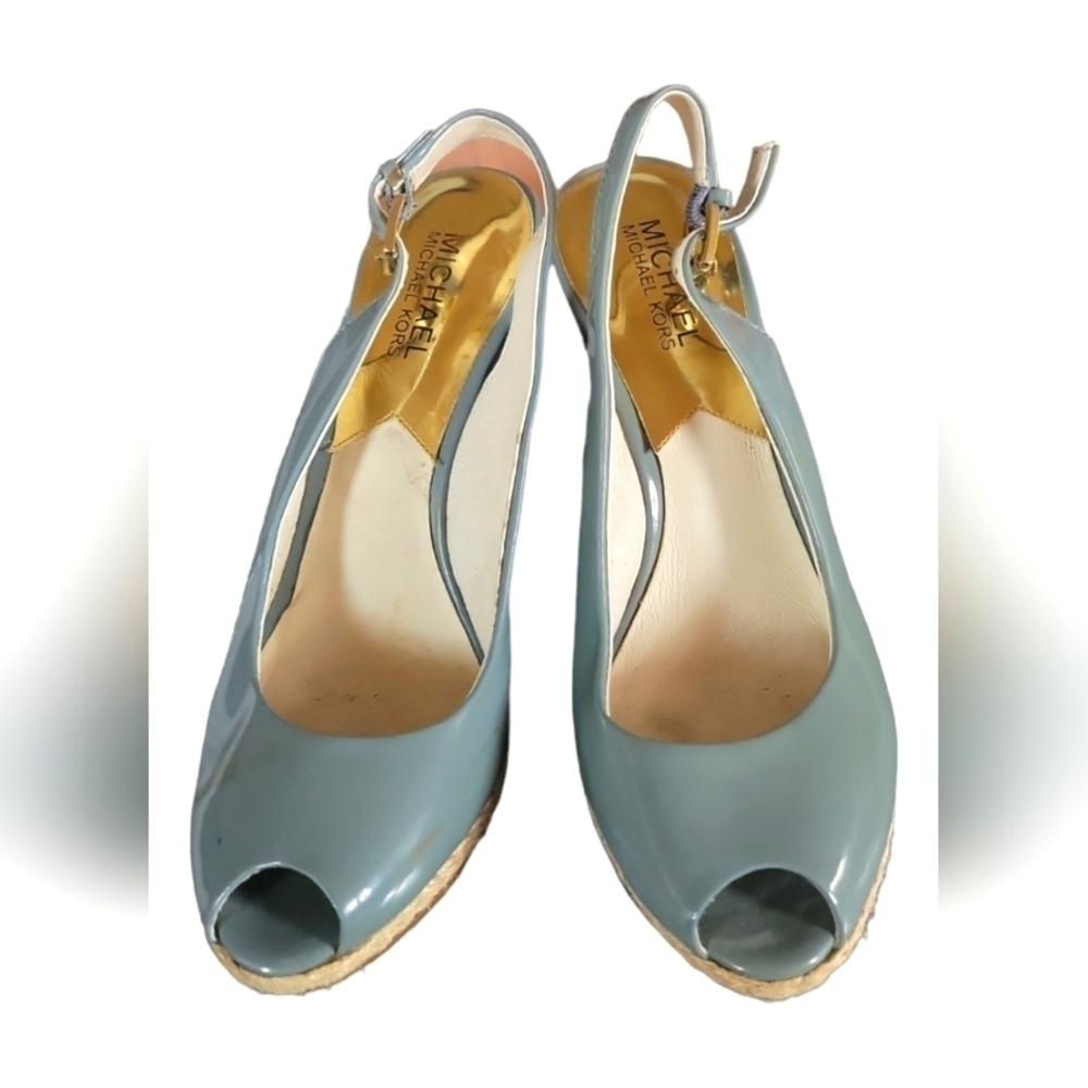 Michael Kors Women's Keegan Sling Back Patent Leather 4" Wedge Sandals 8M